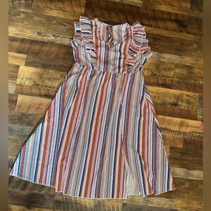 Sleeveless Striped Midi Dress with Ruffle Shoulders - Coral & Blue